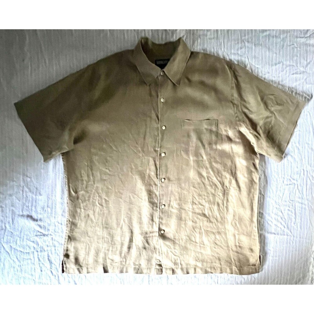 Land's End Men's Linen Shirt - Khaki Size XL (Fits like a 2XL or XLT) Tiny Hole